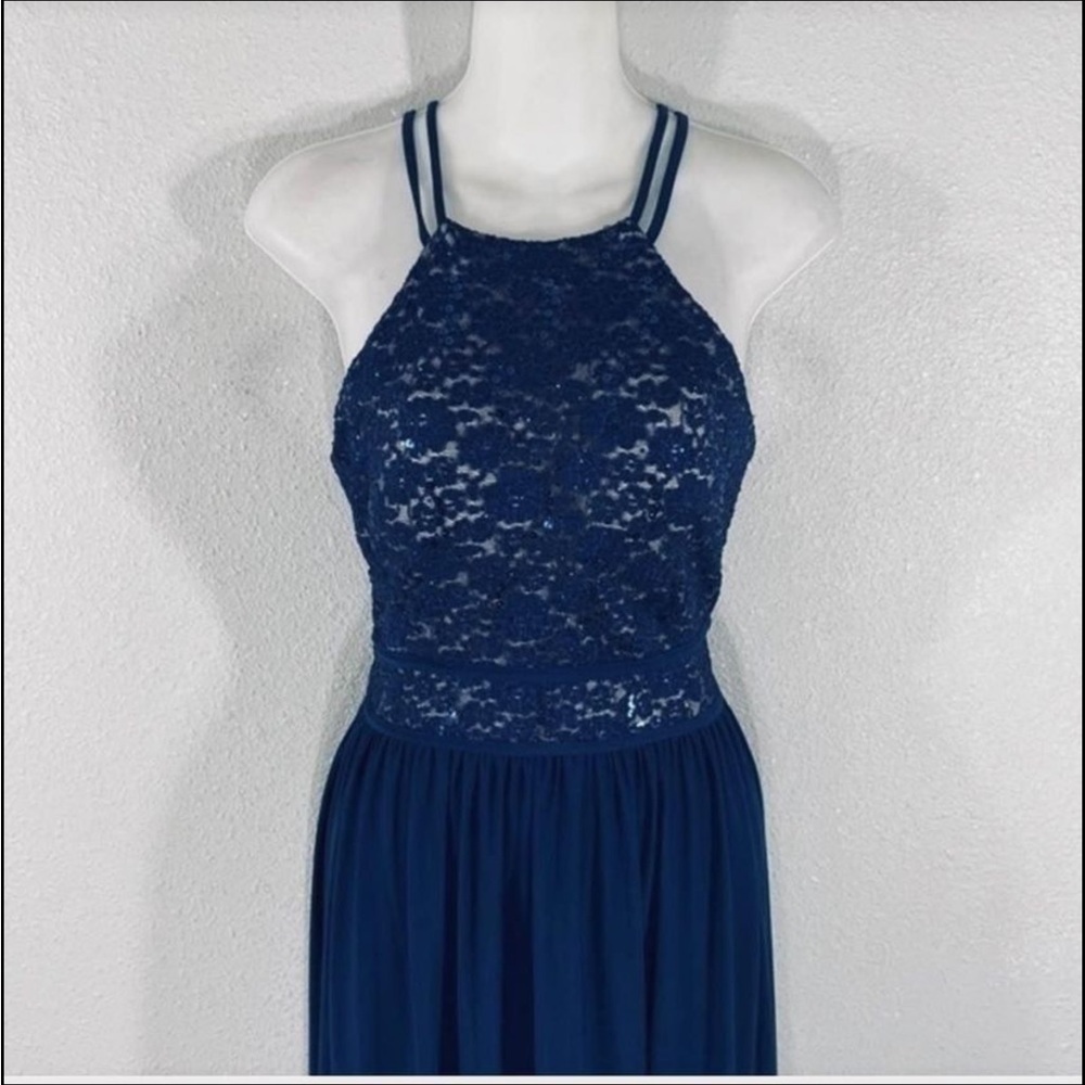PROM FORMAL NIGHTWAY BLUE LACE, SEQUINS DOUBLE SPAGHETTI STRAPS VEUC - Picture 4 of 12
